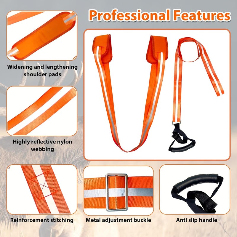Vecacosic Deer Drag Strap And Harness Heavy Duty Safety Reflective Orange Deer Dragging Rope with Widen and Extended Shoulder Pads, Hunting Accessories Gift for Hunters, 500lbs Load Capacity - Image 3